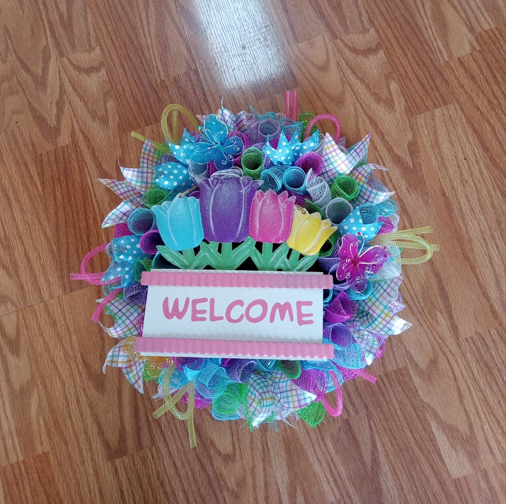 Colorful Welcome Wreath with Tulip Design handmade with rainbow netting and sign